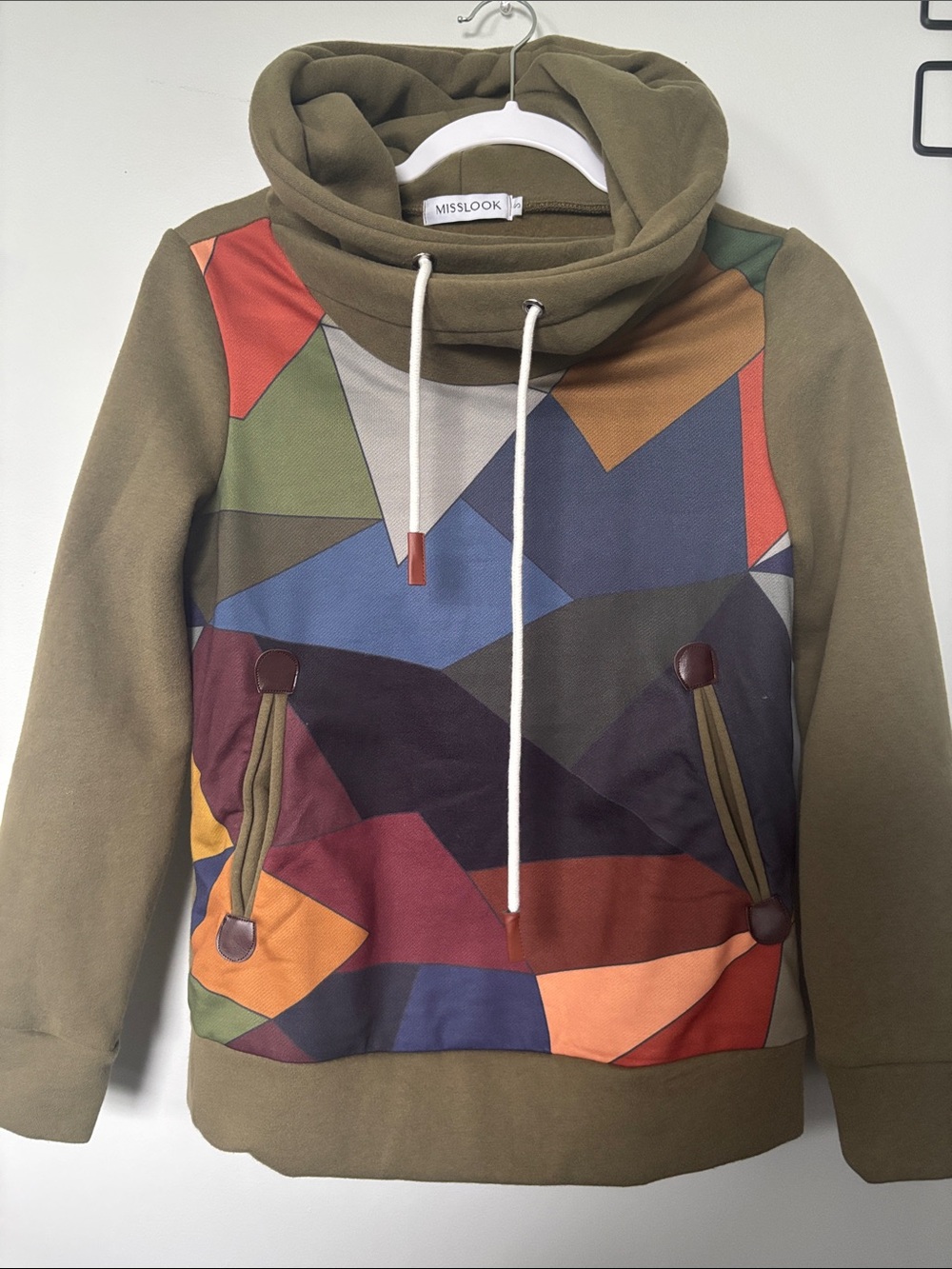 MISSLOOK Olive Crewneck Sweater with Multi-Color Geometric Front